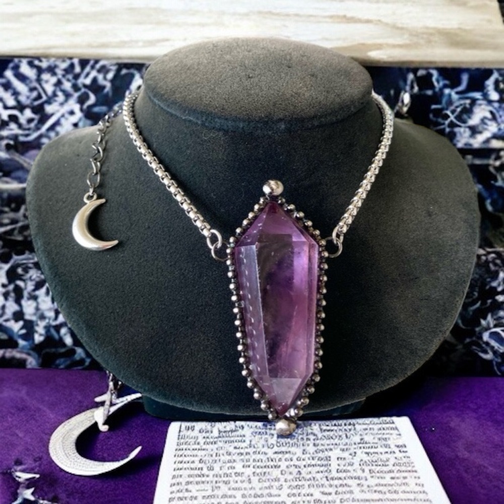 Natural purple amethyst crystal gemstone boho goth moon charm
